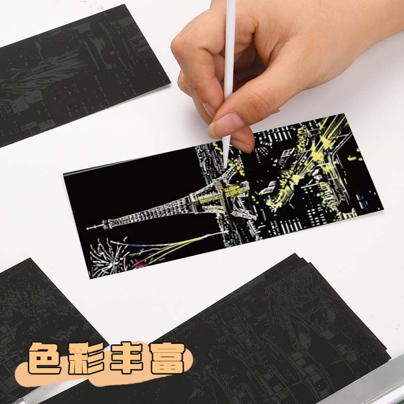 Children's Colorful Scratch Art Paper 100 Sheets A4 Black Drawing Paper 16K Colorful Doodle Paper Scratch Art Book Set Primary School Students Art Creative Painting Handmade Bamboo Pen Color-Changing Pattern 8K Sand Art Paper