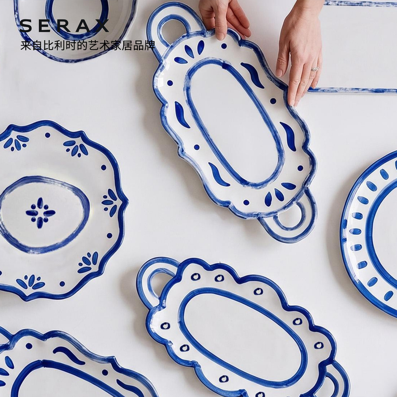 Belgian Serax Blue and White Ceramic Dinnerware Set for Home Use, Oval Plates, Artistic Light Luxury Style Dinner Plates Belgian Serax Blue and White Ceramic Dinnerware Set for Home Use, Oval Plates, Artistic Light Luxury Style Dinner Plates