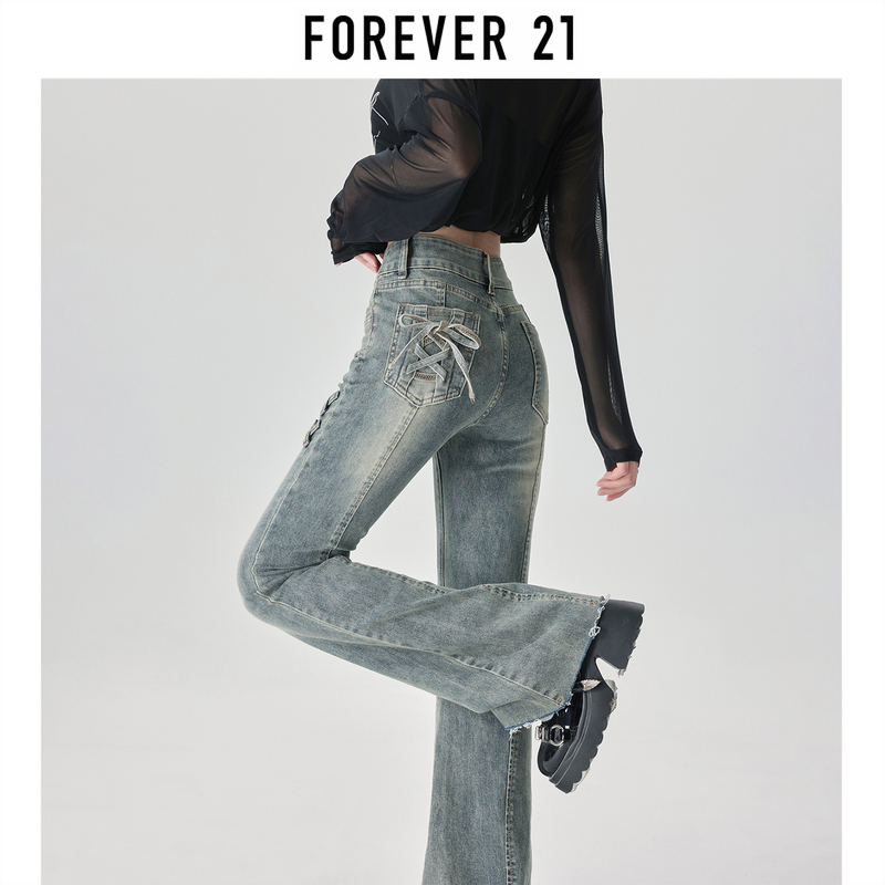 Forever 21 Bow-Knot Flared Jeans for Women, Summer 2026, High-Waisted, Slimming, Lace-Up, Hot Girl Bell-Bottom Pants