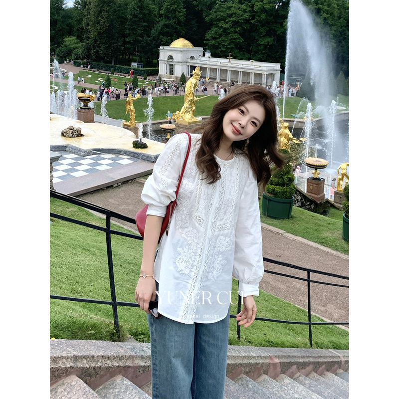 Cuiyuner Heavy Embroidery Romantic French Lace Lantern Sleeve Shirt Women's White Top Cy020