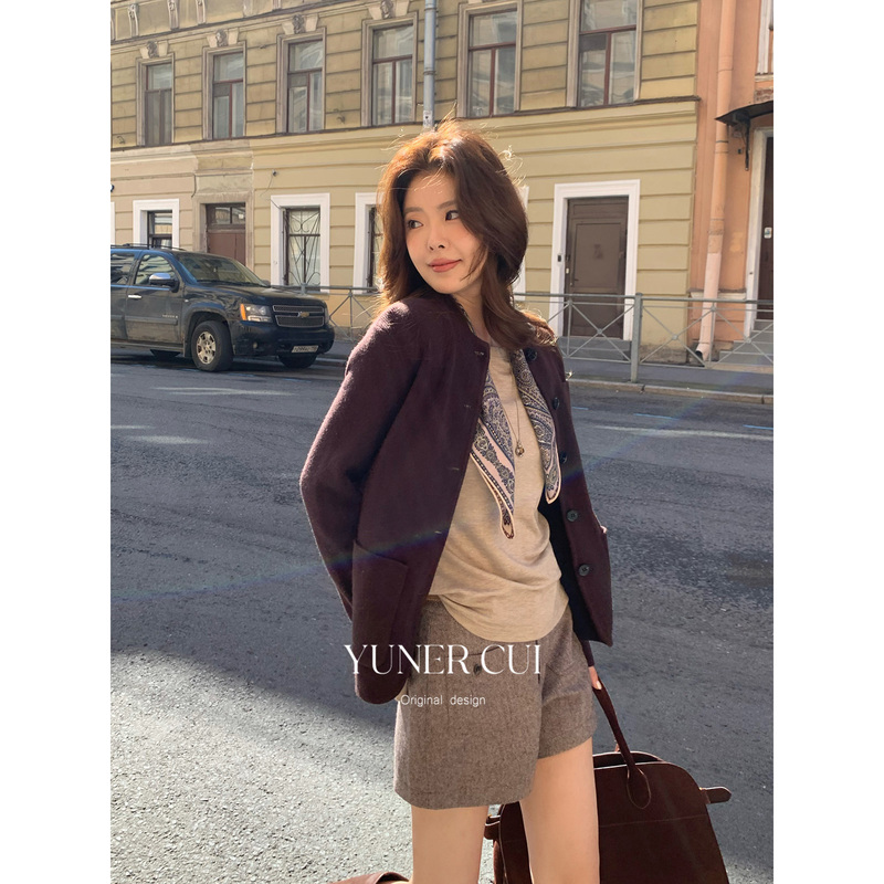 Cuiyuner【Esther Manor】High-End 100% Sheep Wool Stand-Up Collar Knitted Cardigan Jacket for Women B2188