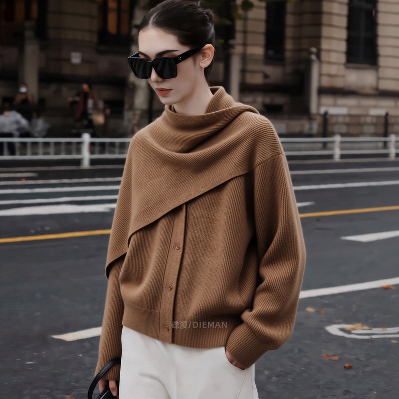 2026 Winter New Melard Style Fashionable Elegant Scarf Collar Sweater Women's Loose Slimming Knitted Cardigan Coat