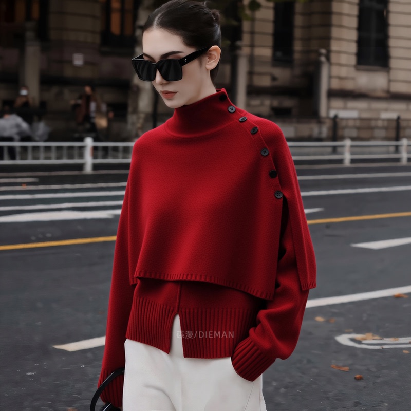 2026 Winter New Fashion Red Turtleneck Shawl-Style Knitwear for Women, Long-Sleeved Button-Decorated High-End Sweater 2026 Winter New Fashion Red Turtleneck Shawl-Style Knitwear for Women, Long-Sleeved Button-Decorated High-End Sweater