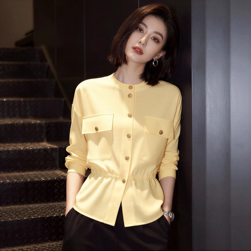 2026 Autumn New Fashion Minimalist Style Yellow Long Sleeve Waist-Tailored Shirt Women's Button Cardigan Versatile Top