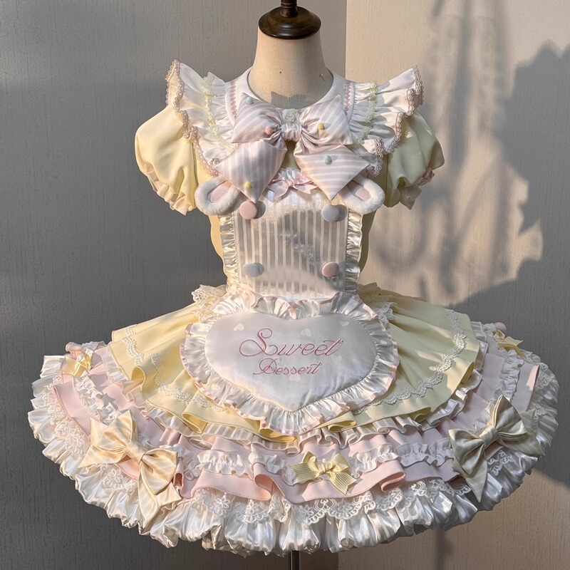Cute and Soft Lolita Dress Two-Piece Set Sweet Bunny Cute Chef Op Apron Double-Layer Fur Ball Bow Princess Dress