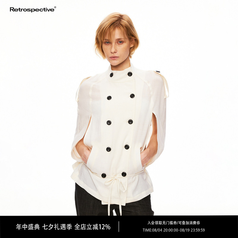 Rpt (Retropective) Linen Lyocell Double-Breasted Epaulet Open-Sleeve Cape Tie Shirt