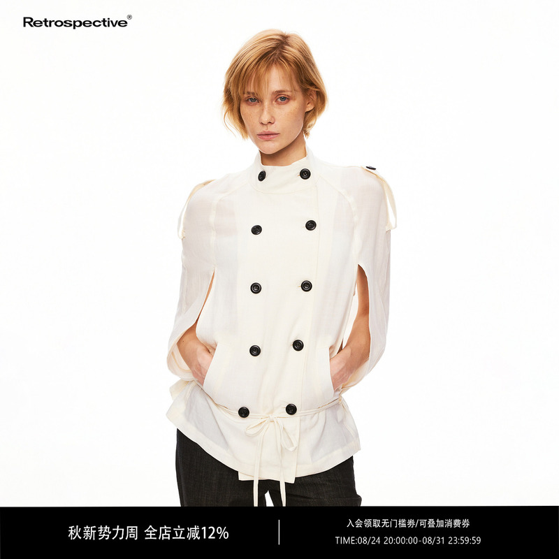 Rpt (Retropective) Linen Lyocell Double-Breasted Epaulet Open-Sleeve Cape Tie Shirt Rpt (Retropective) Linen Lyocell Double-Breasted Epaulet Open-Sleeve Cape Tie Shirt