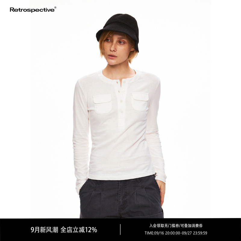 Rpt (Retropective) 31% Linen Safari Lightweight Henry Collar Vintage Double Pocket Long Sleeve