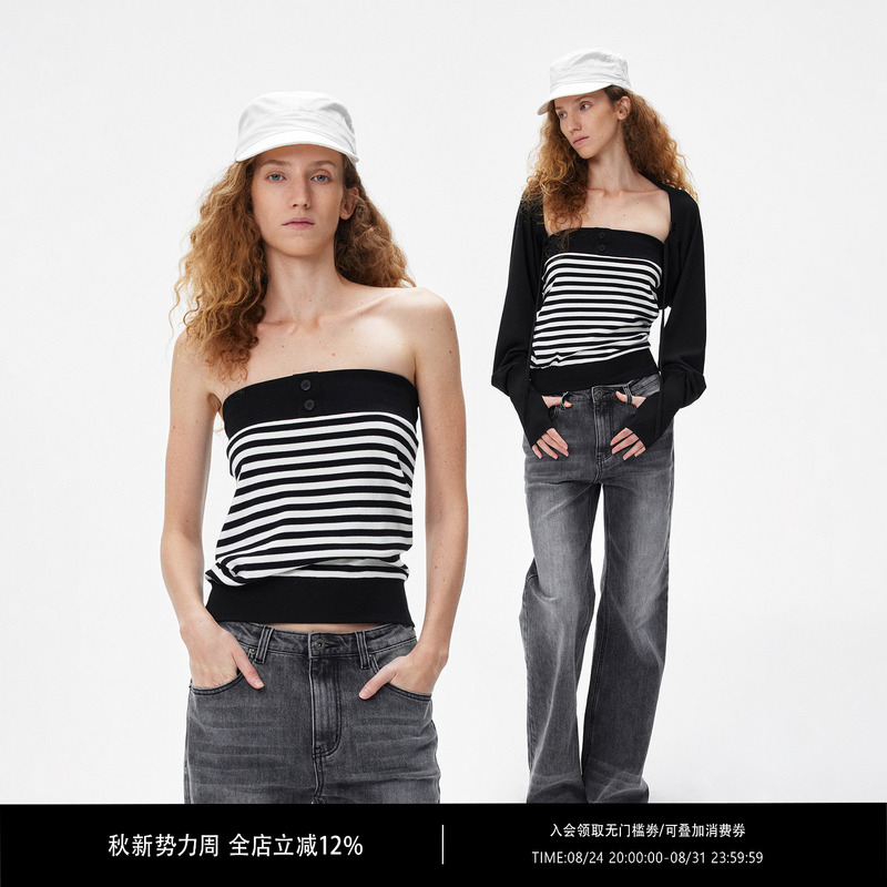 Rpt (Retro) Retro Striped Knitted Chest Non-Slip Design Tube Top Shawl Two-Piece Set Rpt (Retro) Retro Striped Knitted Chest Non-Slip Design Tube Top Shawl Two-Piece Set