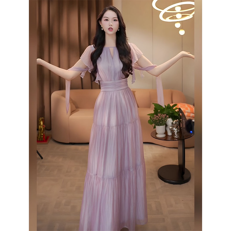 Zizheng 2026 New Style Gentle Purple V-Neck Ruffle Sleeve Dress for Women, Waist-Cinching, Slimming, Elegant Fairy Long Dress