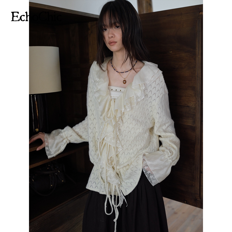 Echochic'Tinghua Ruanyu' Soft and Delicate Hollow-Out Knit Jacquard Lace Ruffle Pleated Cardigan Top Echochic'Tinghua Ruanyu' Soft and Delicate Hollow-Out Knit Jacquard Lace Ruffle Pleated Cardigan Top