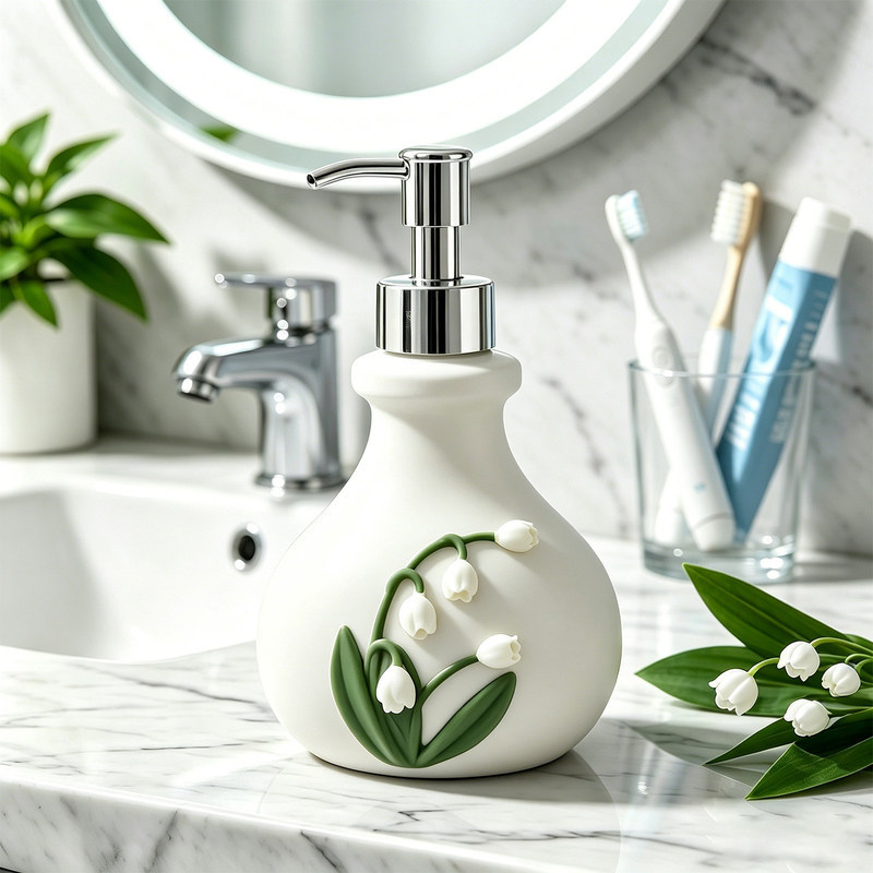 Three-Dimensional Embossed Lily of the Valley Hand Soap Dispenser, Press-Type Shower Gel Bottle, Bathroom Sink Decoration Three-Dimensional Embossed Lily of the Valley Hand Soap Dispenser, Press-Type Shower Gel Bottle, Bathroom Sink Decoration