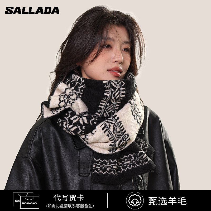 Вязаный шарф SALLADA Fair Isle, осенне-зимняя женская одежда в корейском стиле, новинка 2025 года, шерстяная шаль-нагрудник