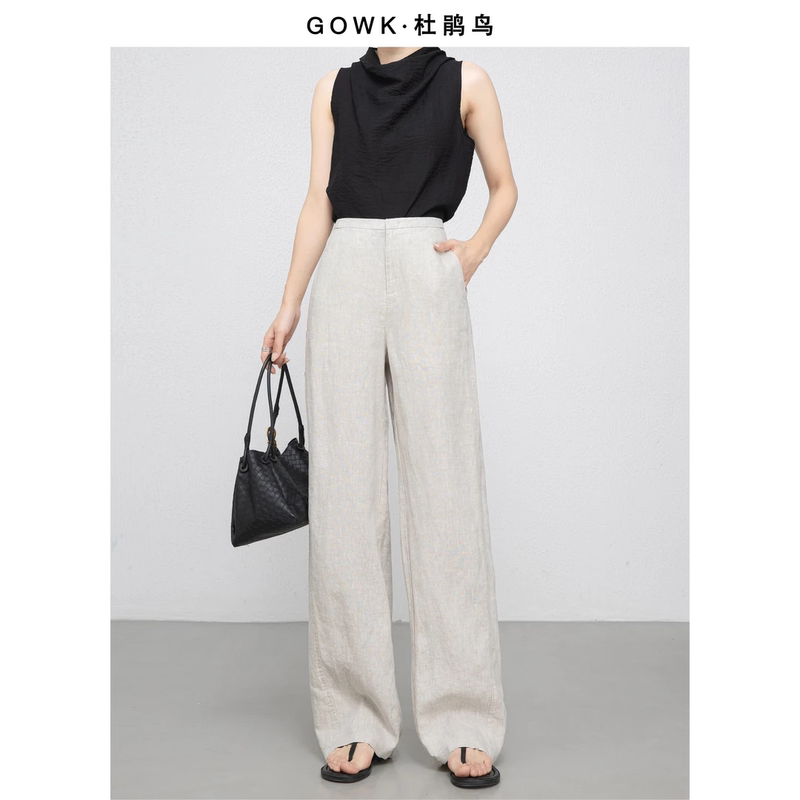 GOWK Fengqin Yunshuang｜Breathable and Moisture-Absorbing Linen Straight-Leg Pants for Women, High-End Drapey Commuter Casual Pants