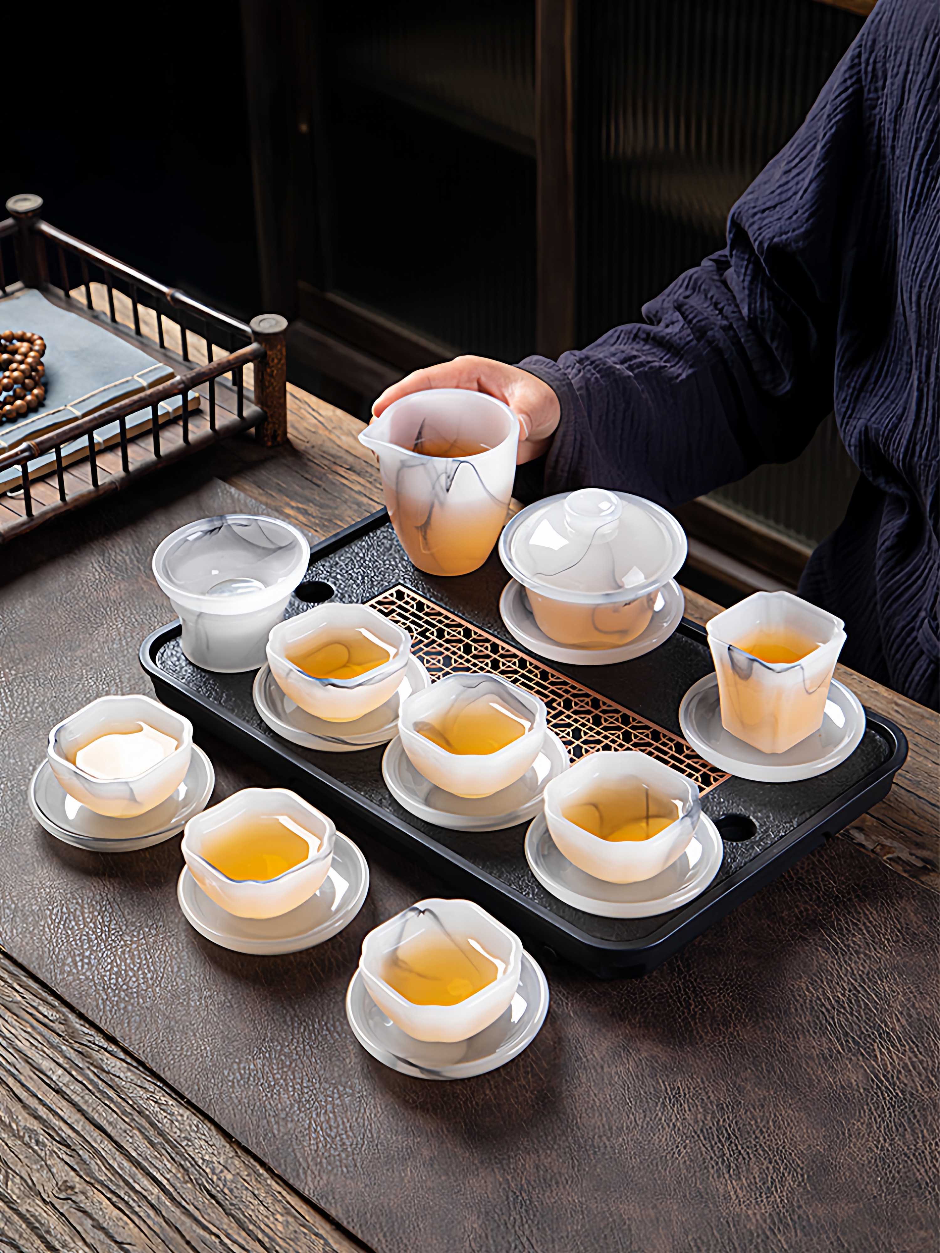 High-End Glazed Tea Set, Ice Crystal White Jade, Classy Light Luxury Tea Brewing Bowl, Tea Cup, Office Gift Box Set