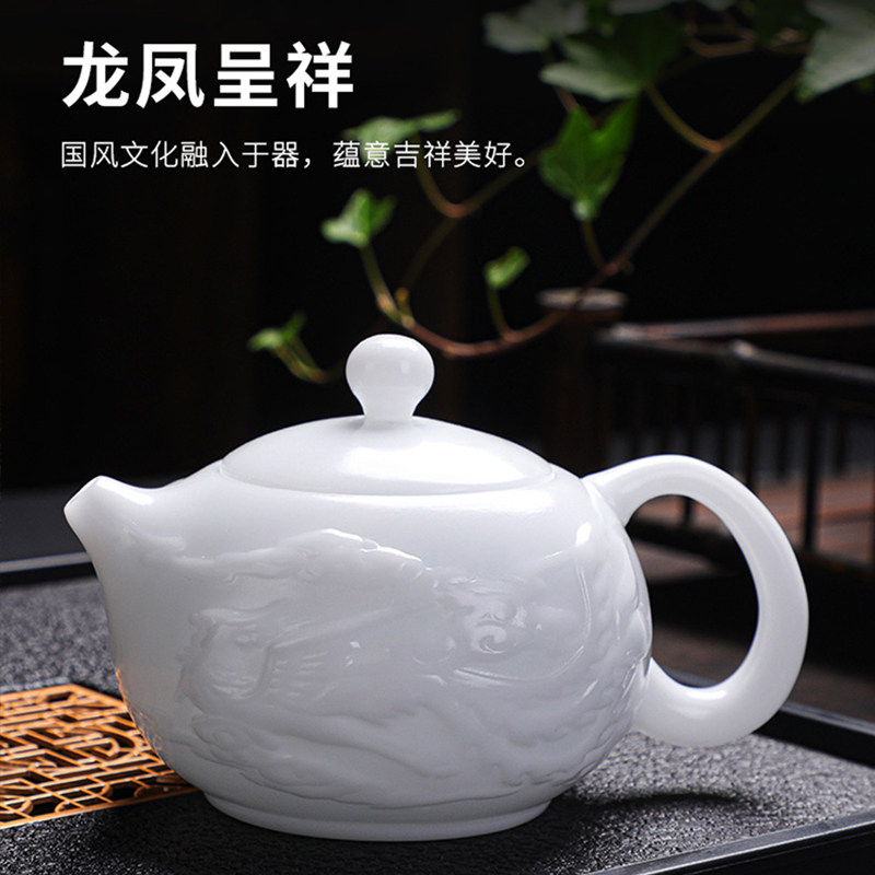 Light Luxury High-End Ice Jade Tea Set, Chinese-Style Home Use Embossed Teapot, White Porcelain Kung Fu Gaiwan, Gift Set