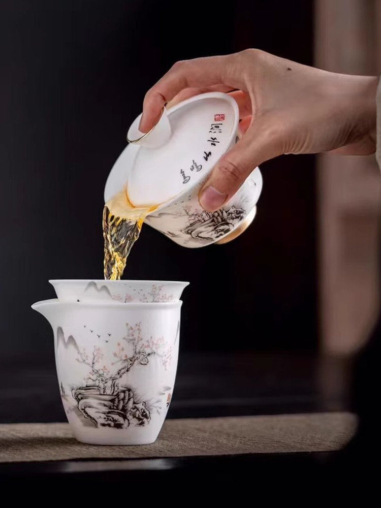 Jingdezhen Unglazed Jade Porcelain Tea Set for Home Use, Light Luxury, High-End Hand-Painted Gold-Plated Teapot and Bowl for Gift Giving