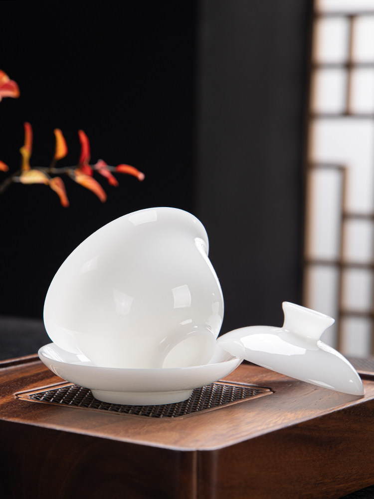 High-End Ice Jade Kung Fu Tea Set for Home Use, Light Luxury Jade Porcelain Kung Fu Gaiwan Tea Cup, Premium Gift Box