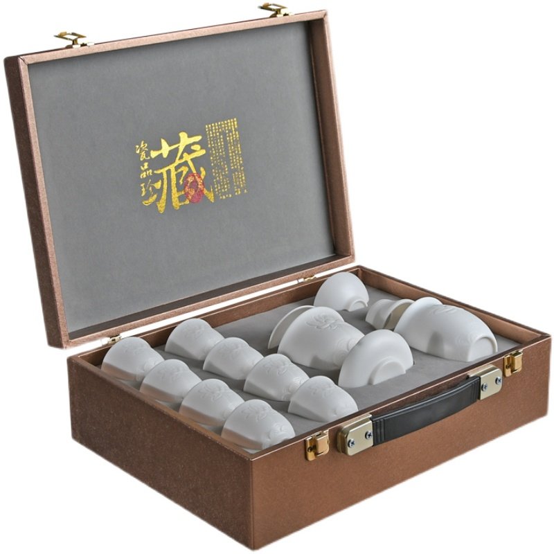 High-End Unglazed Jade Porcelain Kung Fu Tea Set for Home Use, Light Luxury Handmade Embossed Dehua White Porcelain Gaiwan for Gift Giving