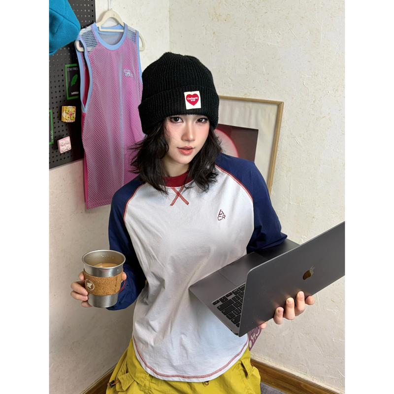 【Sengwu Le】Couple's Retro Style Color-Blocked Curved Hem Outdoor Sports Casual Raglan Long-Sleeve T-Shirt