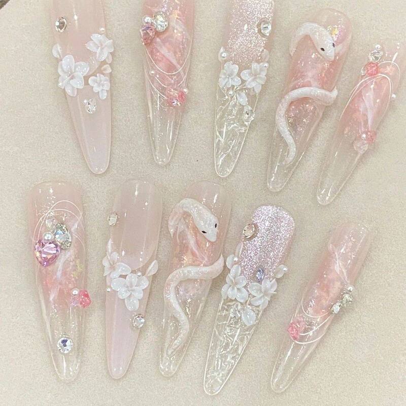 Purely Handmade Children's Wearable Nails for Girls, Flower and White Snake Designs, Handmade Wearable Nails, Wearable Nail Art Purely Handmade Children's Wearable Nails for Girls, Flower and White Snake Designs, Handmade Wearable Nails, Wearable Nail Art