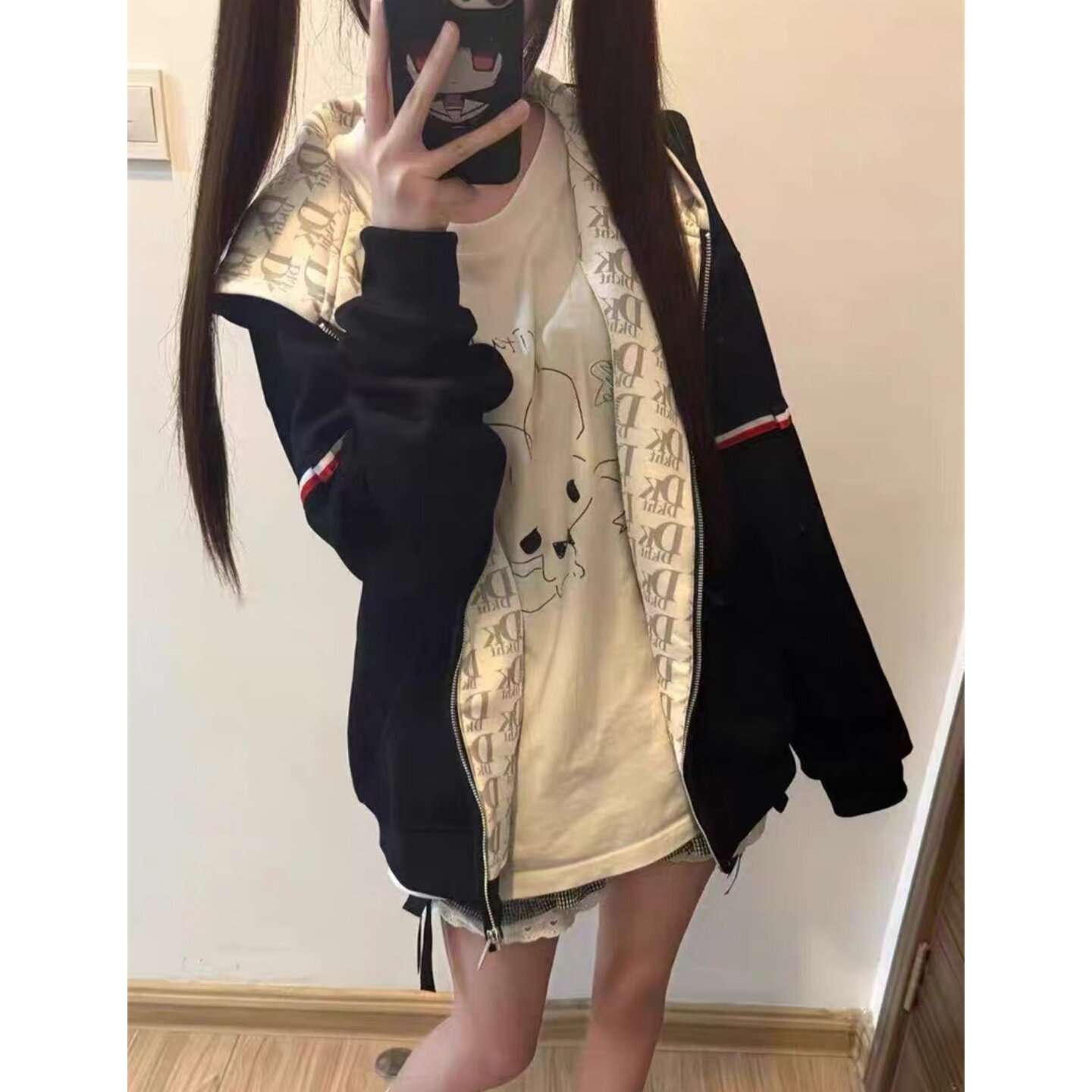 国潮牌黑色字母双袖织带连帽卫衣女早秋宽松显瘦情侣百搭慵懒外套