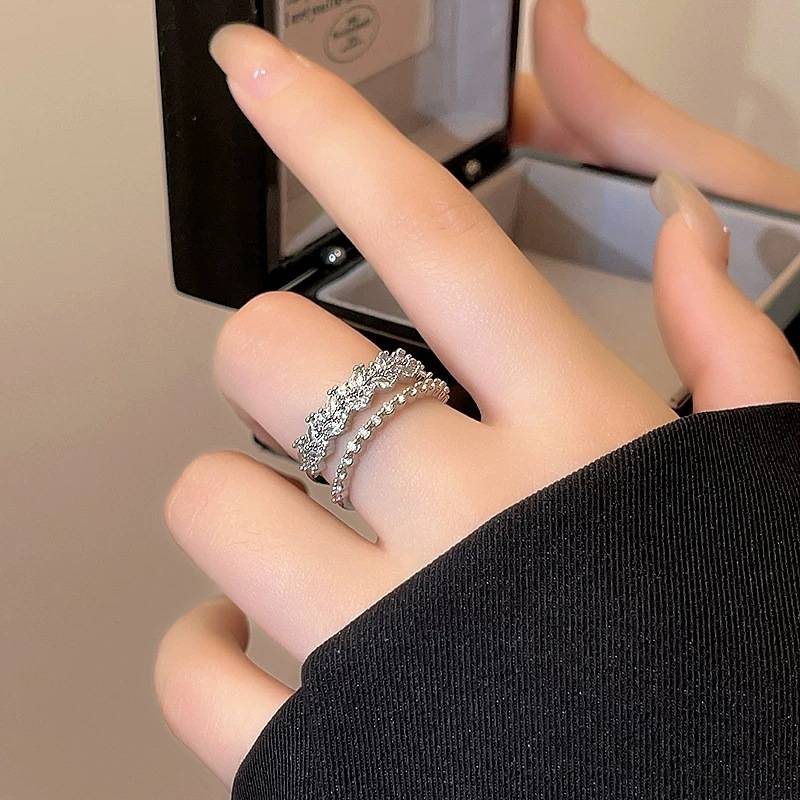 Silver zircon wheat ear double-layer open ring, light luxury, exquisite, compact, high-end, unique design, cold style hand jewelry