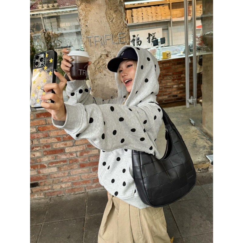 Naughty Season Fruit Super Sweet Korean Style Outfit ~ Simple Classic Polka Dot All-Over Print Zipper Short Cardigan Jacket Women's Sweatshirt Autumn Naughty Season Fruit Super Sweet Korean Style Outfit ~ Simple Classic Polka Dot All-Over Print Zipper Short Cardigan Jacket Women's Sweatshirt Autumn