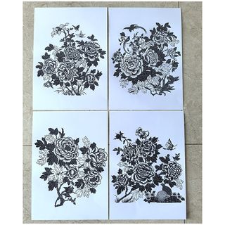 Peony carving paper pattern manuscript, hand-cut paper manuscript pattern, 4 pieces of chinese style window flower manuscript pattern printout