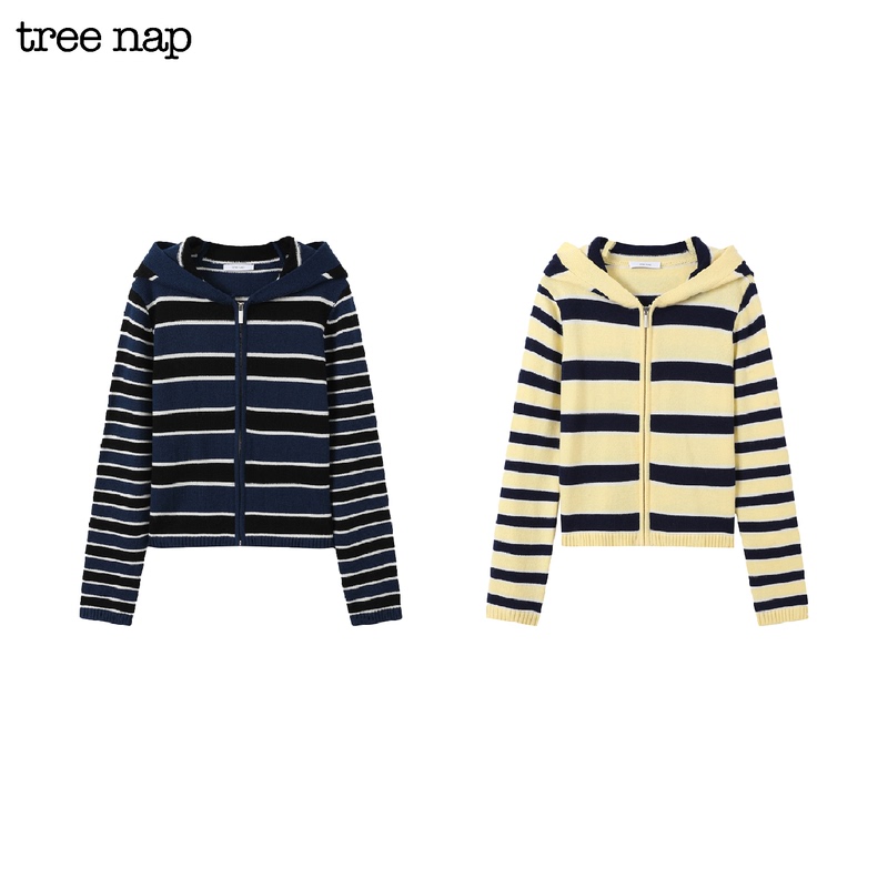 Tree Nap Retro Stripe Knit Hoodie Wool Striped Knit Hooded Zip-Up Cardigan