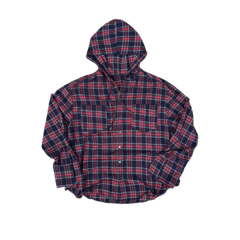 Notmyfault Scottish Plaid Studded Leather Patch Hooded Shirt