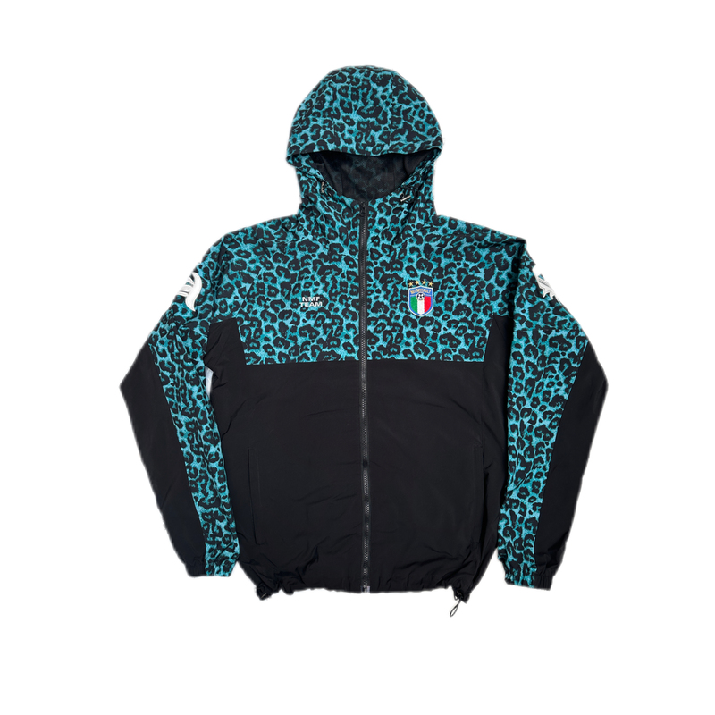Notmyfault Blue Leopard Print Football Hooded Jacket Windbreaker