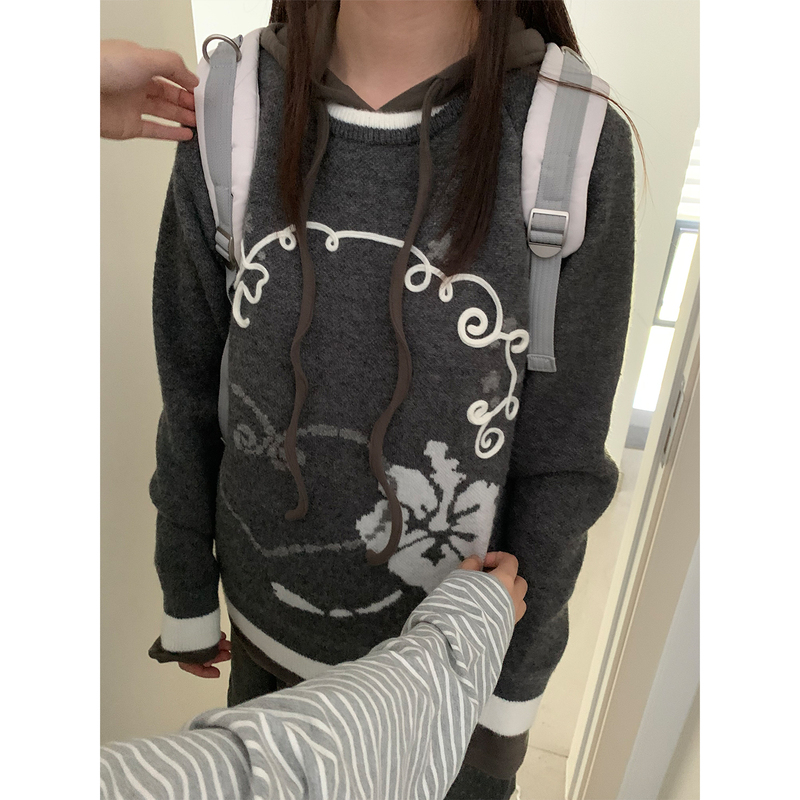 Eddyplan Swirl Project Fushion Flower Heart Pullover Sweater Color-Block Jacquard Knit Loose Round Neck