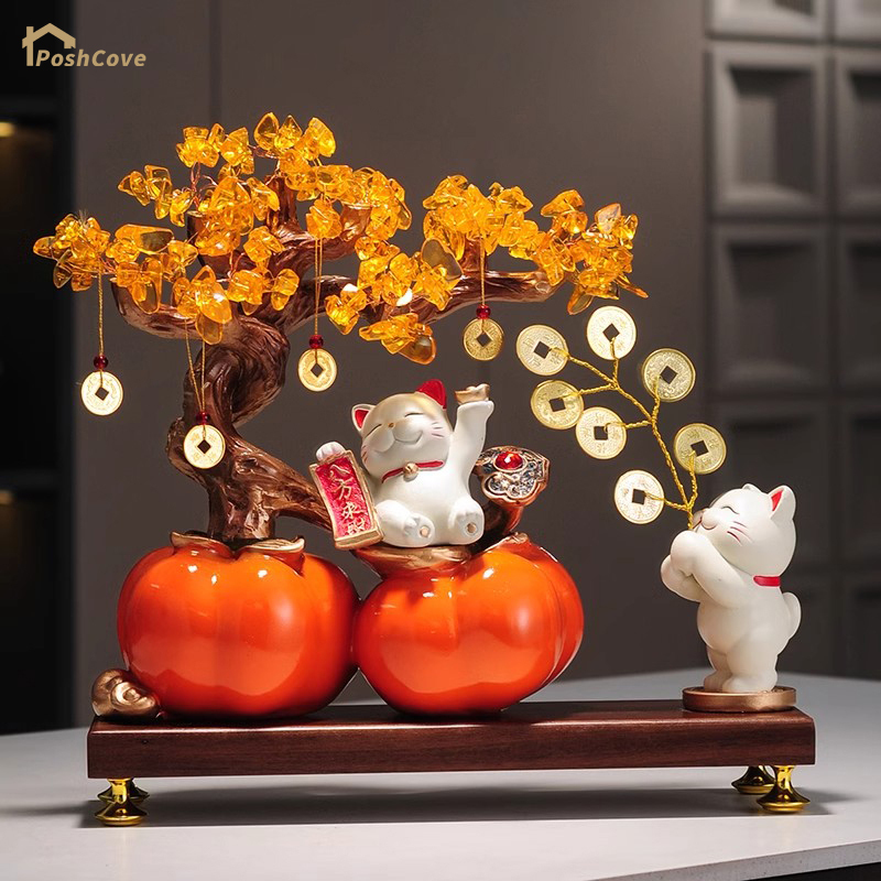 German Light Luxury Style, Everything Goes Well, Persimmon, Wealth-Attracting Cat, Money Tree Ornament, Living Room Entrance, New Chinese-Style Decoration