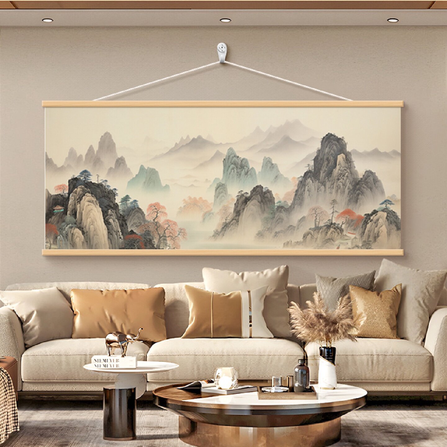 水墨山水画办公室西墙客厅挂画新中式沙发背景墙壁画靠山图装饰画