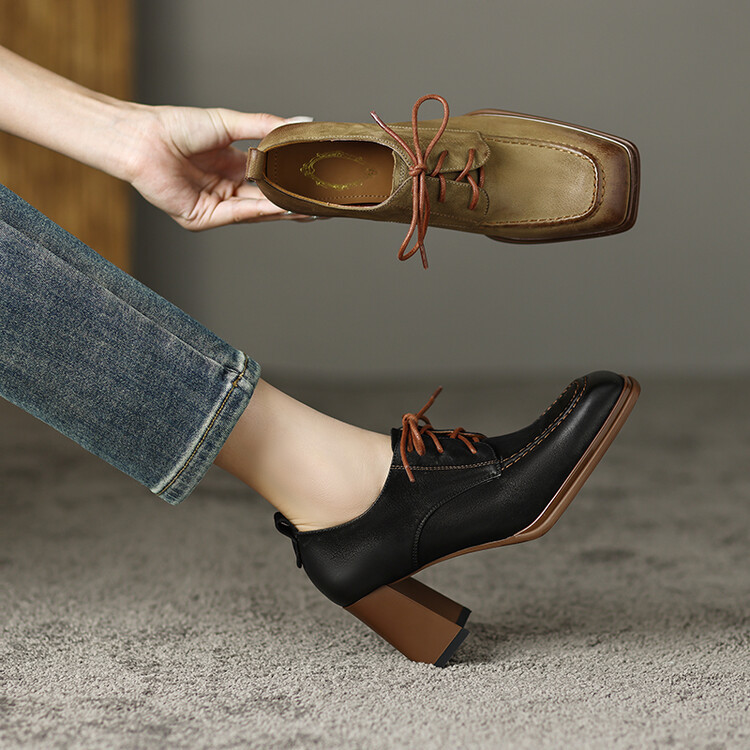 7.5cm Square Toe Thick Heel Color-Polished Nubuck Leather Autumn and Winter Deep-Cut Lace-Up Unisex Fashion High-Heeled Shoes