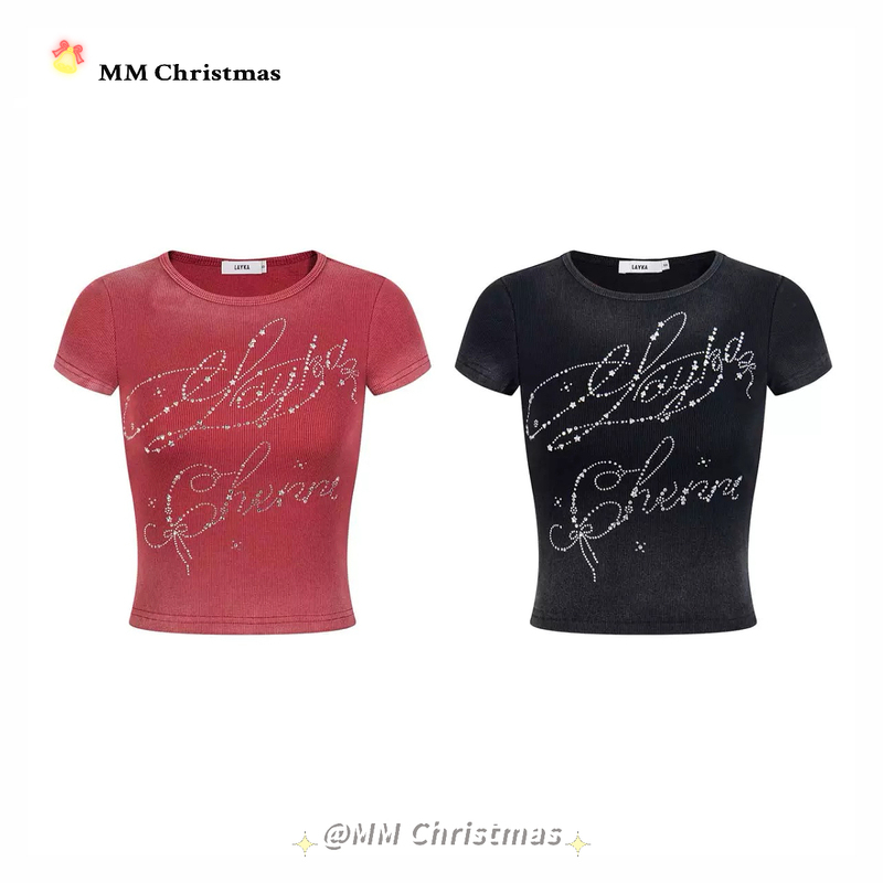 Mmchristmas American-Style Gradient Washed Rhinestone Slimming Short Waist-Cinching Round Neck Short-Sleeve Top T-Shirt for Women in Summer