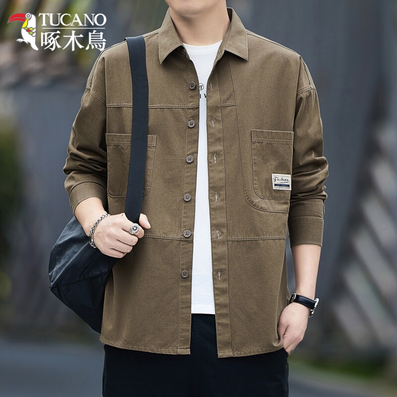 Woodpecker Men's 100% Cotton Shirt with Turn-Down Collar, Long Sleeves, 2026 Spring and Autumn New Fashion Casual Workwear Jacket Trend
