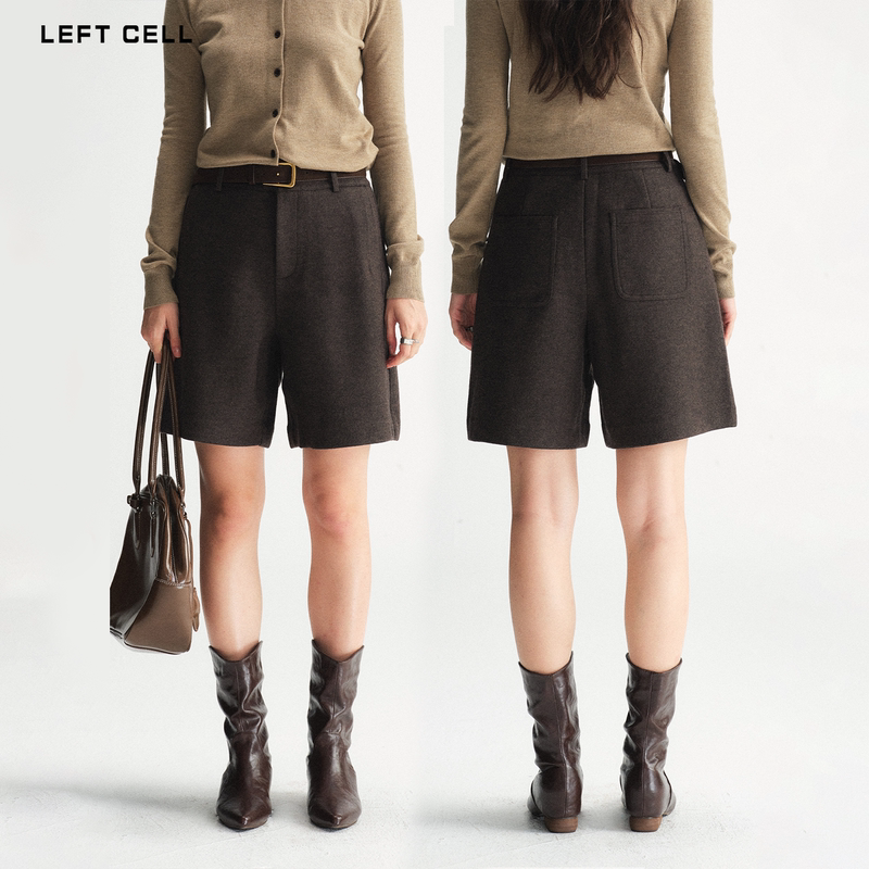 Left Cell「Wenxu Series-Four Points」Sheep Wool Blend Autumn and Winter High-Waisted Slimming Straight Casual Shorts
