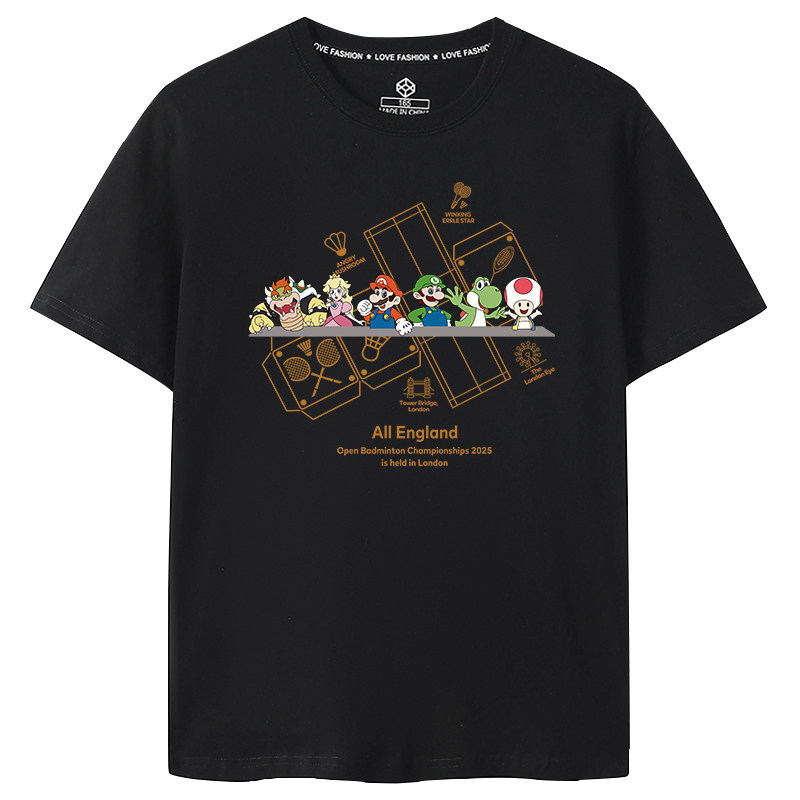 2026 New All-England Open Super Mario Print Pure Cotton Badminton Wear Sports Short-Sleeved T-Shirt for Summer