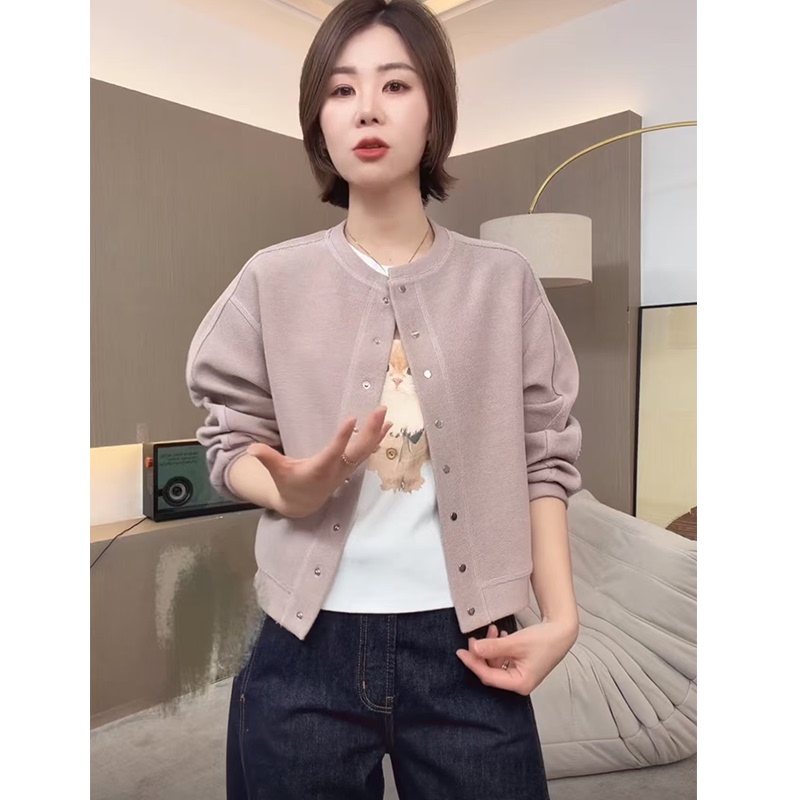 Korean-Style High-End Round-Neck Short Jacket for Women, Spring Casual, Age-Reducing, Versatile, Petite, Elegant Jacket, Cardigan
