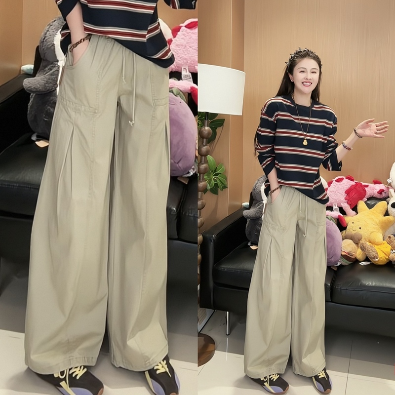 【Exclusive to Da Pan】Zhang Ruonan's Same Style Bdg Pants with Pleated Legs, Mid-Waist Drawstring Workwear Wide-Leg Pants