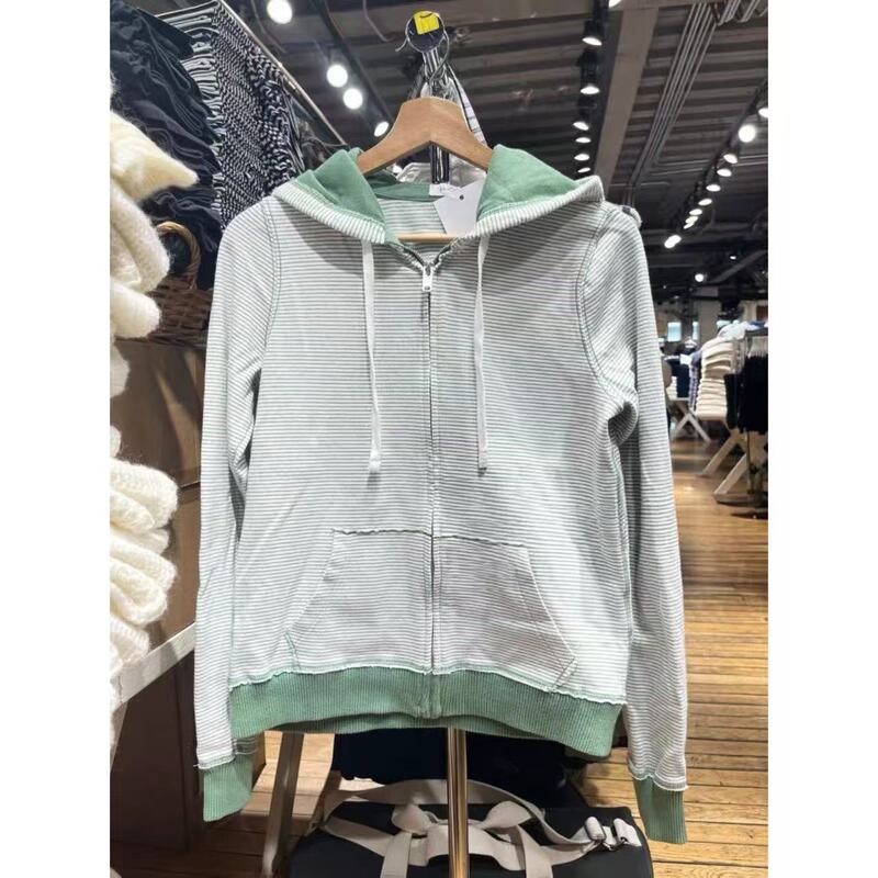 Bm Hooded Sweatshirt Winter New Green Striped Zipper Hooded Loose Slim Casual Versatile Cardigan Top for Women