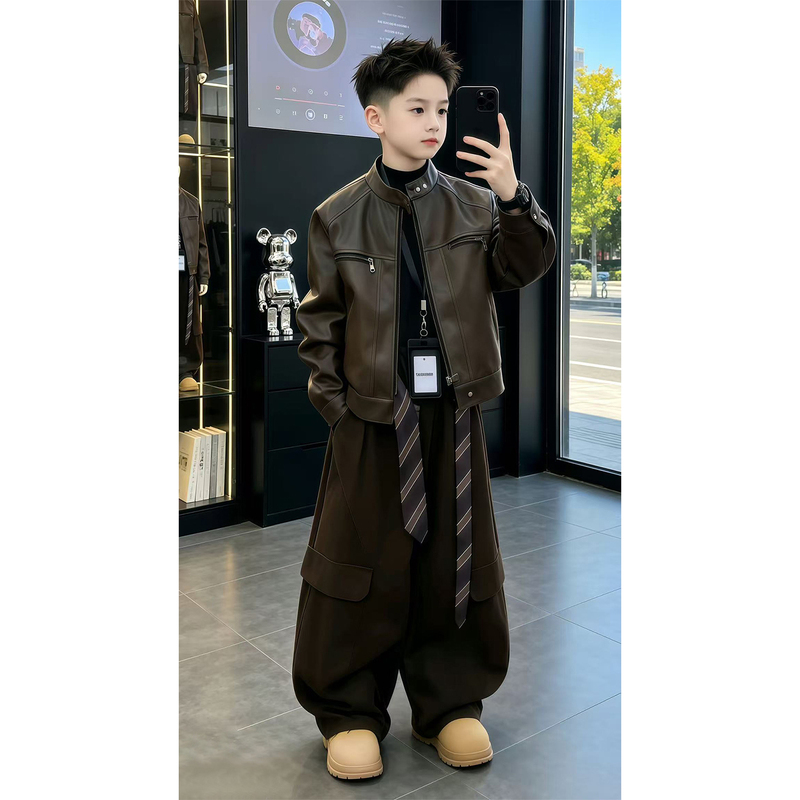 Boys' Jacket 2026 Autumn Children's Autumn Clothing Motorcycle Leather Jacket for Older Kids Cool Stand-Up Collar Jacket Boys' Trendy Top Boys' Jacket 2026 Autumn Children's Autumn Clothing Motorcycle Leather Jacket for Older Kids Cool Stand-Up Collar Jacket Boys' Trendy Top