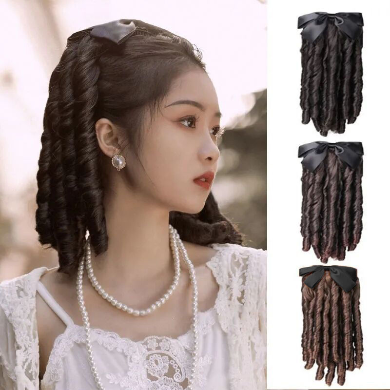Retro Long Curly Hair Wig with Roman Curls, Suitable for Traditional Chinese Dress, with Gold Powder and White Pearl Ponytail Hair Accessory