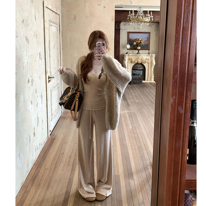 French-Style Gentle and Lazy Outfit: a Complete Set of Autumn Knit Cardigan, Lace Camisole, and Casual Long Pants Three-Piece Set
