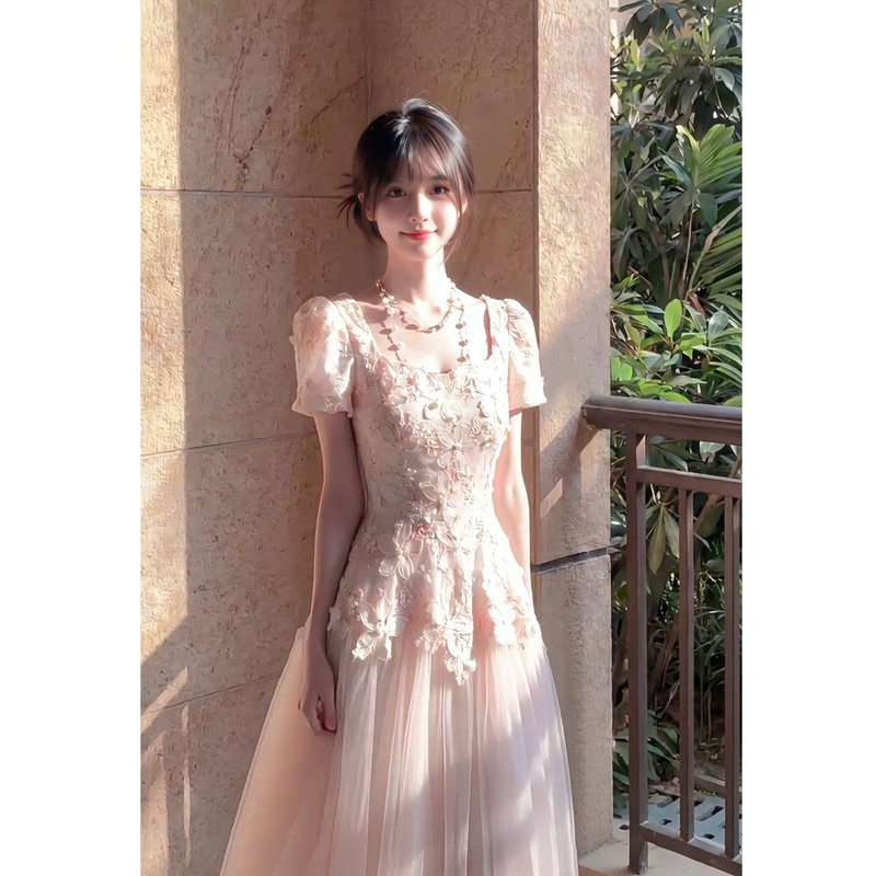 French-Style Pink Tulle Dress for Women, Unique and Beautiful, Super Fairy-Like Temperament, Tie-Waist Floral Long Dress for Summer French-Style Pink Tulle Dress for Women, Unique and Beautiful, Super Fairy-Like Temperament, Tie-Waist Floral Long Dress for Summer