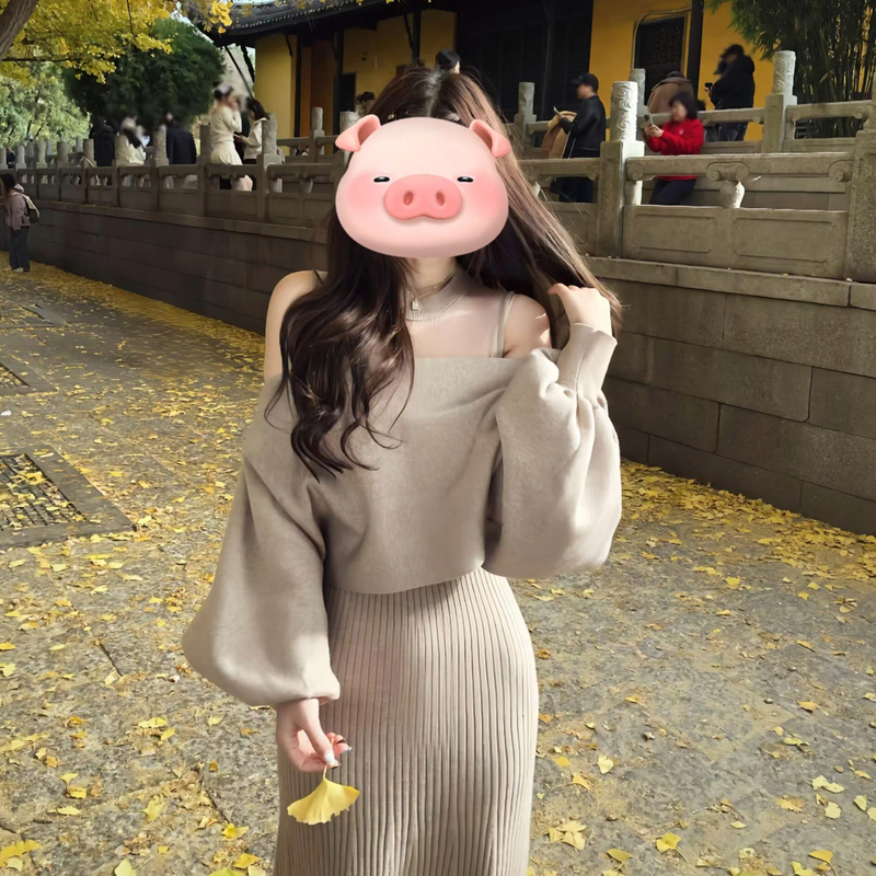Gentle and Elegant Lace-Up Knitted Vest Dress for Women, Unique and Beautiful Blouse with Waist-Cinching Long Skirt Two-Piece Set for Autumn and Winter