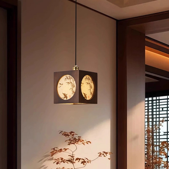 Song Dynasty Aesthetic Designer Style Square Solid Wood Small Pendant Light with Adjustable Long Cord for Bar Counter, Tea Room, Bedroom, and Bedside