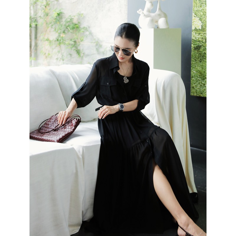 Dress for Women 2026 Summer New Style Waist-Cinching Slimming Elegant Shirt Black Spaghetti Strap Long Dress Kk2605003 Dress for Women 2026 Summer New Style Waist-Cinching Slimming Elegant Shirt Black Spaghetti Strap Long Dress Kk2605003